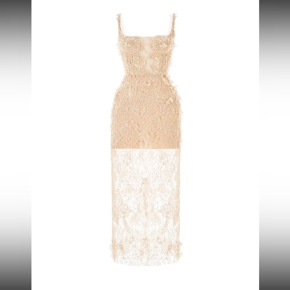 Montsand Ivory Beaded Lace Pencil Midi Dress in Nude - Picture 3 of 13